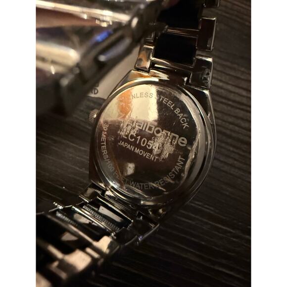 6/$25 NWT Liz Claiborne Black Silver Dial & Band Stainless Steel Watch - Picture 5 of 5